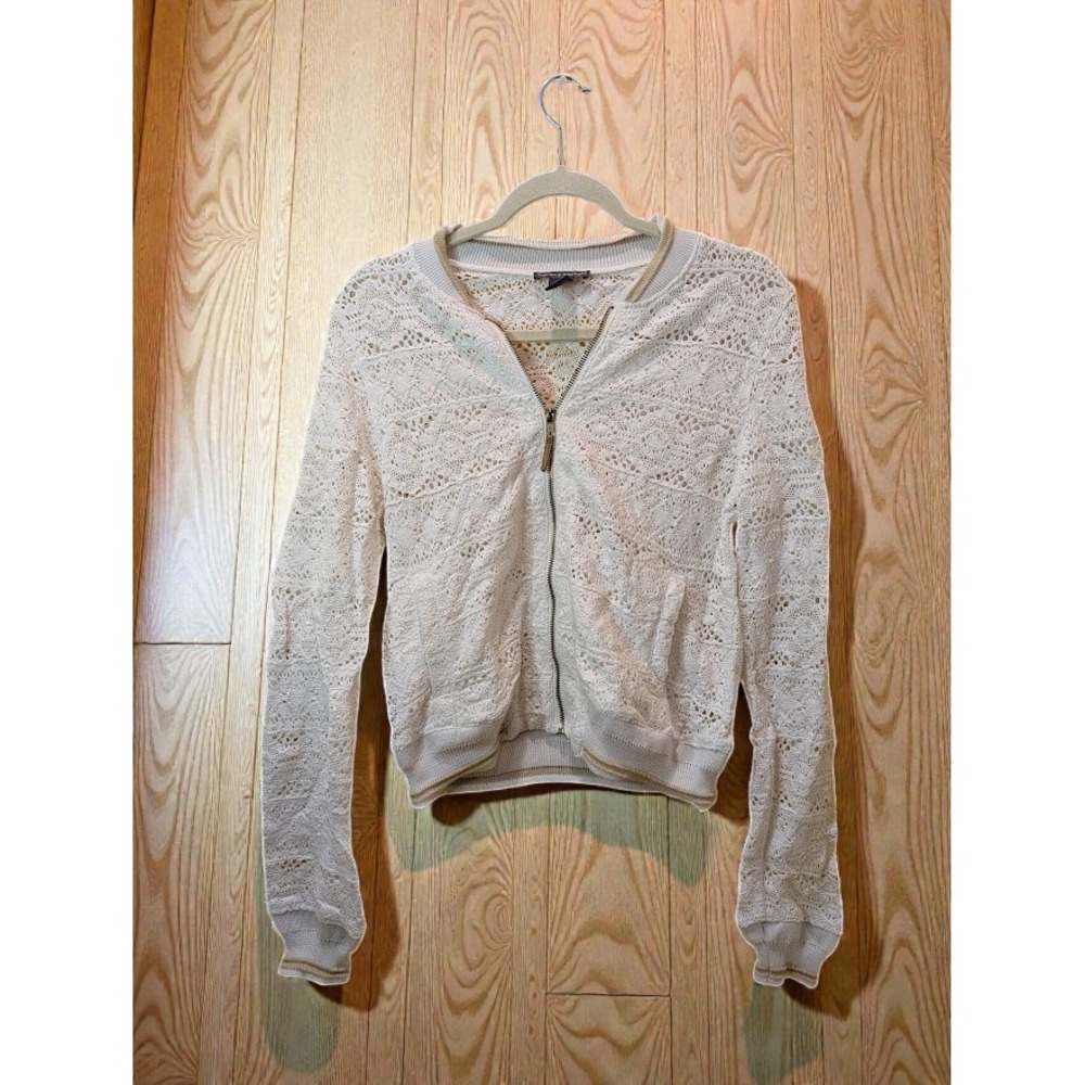 Anthropologie Brand White Lace Knit Zip-Front Bomber Jacket
